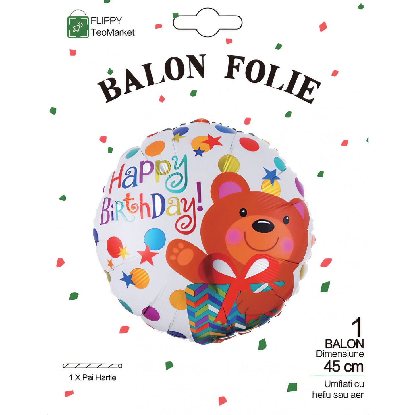 Balon din Folie Metalizata, Mini Figurina Rotunda, Model Happy Birthday Ursulet, Tema Aniversare, 45 cm, Ambalaj Individual, Pai inclus, Umflare cu Aer sau Heliu, Maro