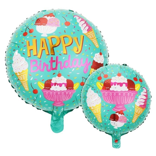 Balon din Folie Metalizata, Mini Figurina Rotunda, Model Inghetata, Happy Birthday, Tematica Aniversare, 45 cm, Ambalaj Individual, Pai Inclus, Umflare cu Aer sau Heliu, Verde