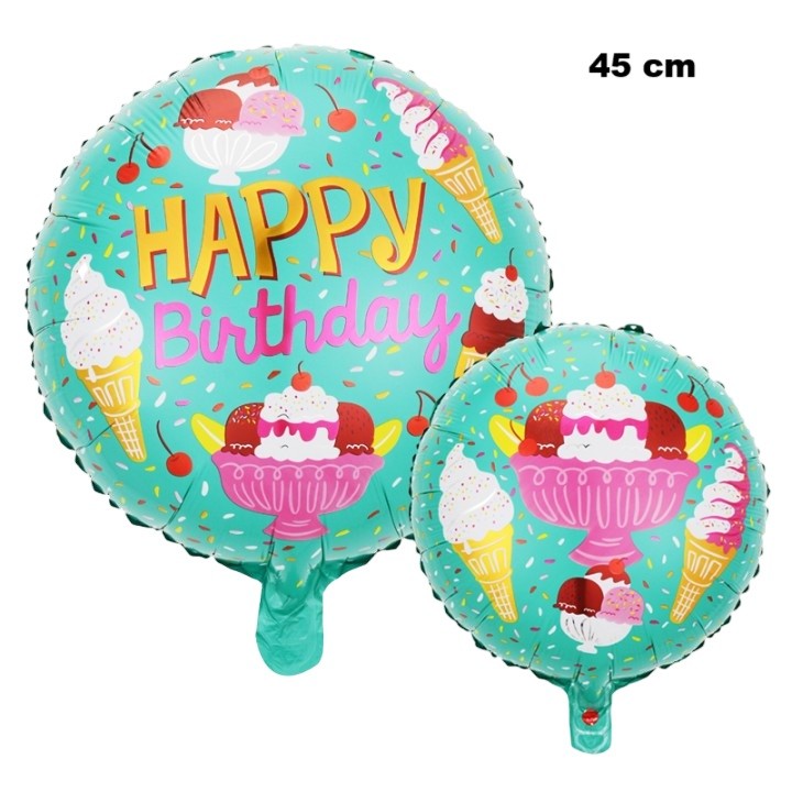 Balon din Folie Metalizata, Mini Figurina Rotunda, Model Inghetata, Happy Birthday, Tematica Aniversare, 45 cm, Ambalaj Individual, Pai Inclus, Umflare cu Aer sau Heliu, Verde