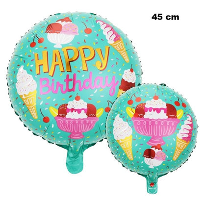 Balon din Folie Metalizata, Mini Figurina Rotunda, Model Inghetata, Happy Birthday, Tematica Aniversare, 45 cm, Ambalaj Individual, Pai Inclus, Umflare cu Aer sau Heliu, Verde