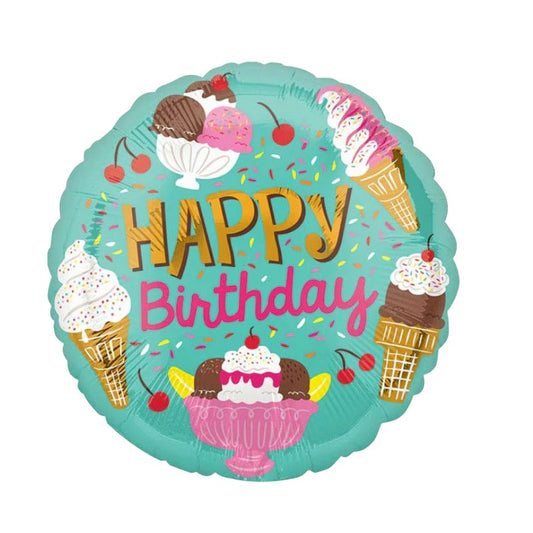 Balon din Folie Metalizata, Mini Figurina Rotunda, Model Inghetata, Happy Birthday, Tematica Aniversare, 45 cm, Ambalaj Individual, Pai Inclus, Umflare cu Aer sau Heliu, Verde