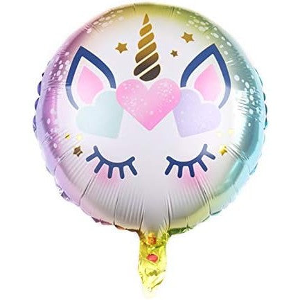 Balon din Folie Metalizata, Mini Figurina Rotunda, Model Unicorn, Happy Birthday, Tematica Aniversare, 45 cm, Ambalaj Individual, Pai Inclus, Umflare cu Aer sau Heliu, Multicolor