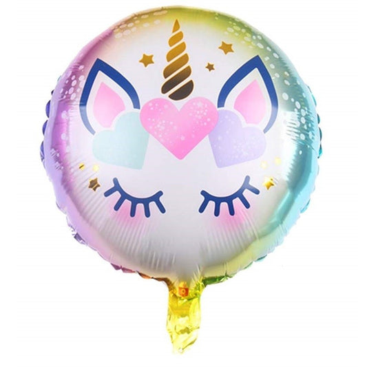 Balon din Folie Metalizata, Mini Figurina Rotunda, Model Unicorn, Happy Birthday, Tematica Aniversare, 45 cm, Ambalaj Individual, Pai Inclus, Umflare cu Aer sau Heliu, Multicolor