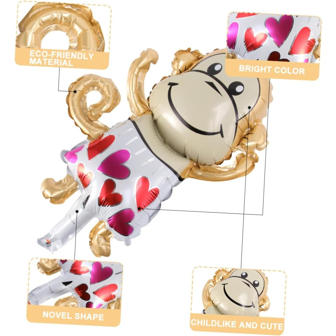 Balon din Folie Metalizata, Mini Figurine Animalute, Model Maimutica, Tematica Aniversare, 45x28 cm, Ambalaj Individual, Pai Inclus, Umflare cu Aer sau Heliu, Multicolor