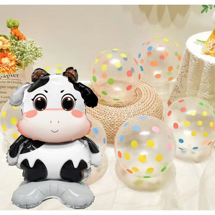 Balon din Folie Metalizata, Mini Figurine Animalute, Model Vacuta, Tematica Aniversare, 38x58 cm, Ambalaj Individual, Pai Inclus, Umflare cu Aer sau Heliu, Multicolor