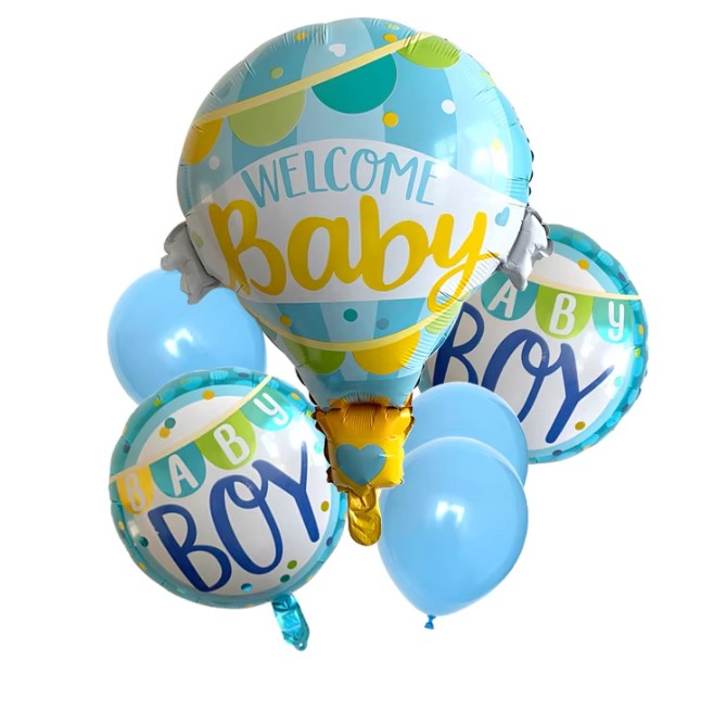 Balon din Folie Metalizata, Mini Figurine, Model Balon cu Aer Cald Baietel, Tematica Welcome Baby, 80x62 cm, Ambalaj Individual, Pai Inclus, Umflare cu Aer sau Heliu, Albastru
