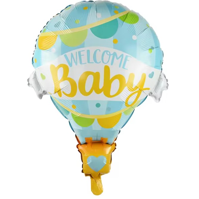 Balon din Folie Metalizata, Mini Figurine, Model Balon cu Aer Cald Baietel, Tematica Welcome Baby, 80x62 cm, Ambalaj Individual, Pai Inclus, Umflare cu Aer sau Heliu, Albastru