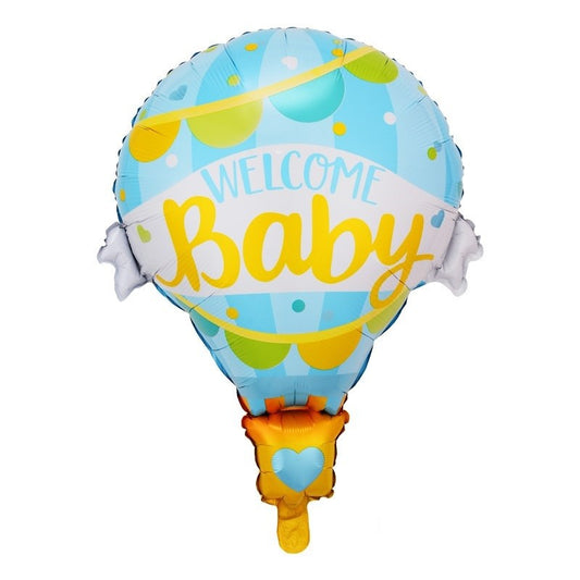 Balon din Folie Metalizata, Mini Figurine, Model Balon cu Aer Cald Baietel, Tematica Welcome Baby, 80x62 cm, Ambalaj Individual, Pai Inclus, Umflare cu Aer sau Heliu, Albastru