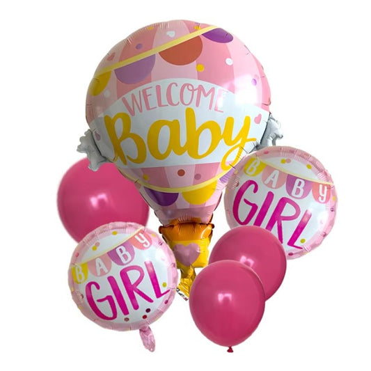Balon din Folie Metalizata, Mini Figurine, Model Balon cu Aer Cald Fetita, Tematica Welcome Baby, 80x62 cm, Ambalaj Individual, Pai Inclus, Umflare cu Aer sau Heliu, Roz