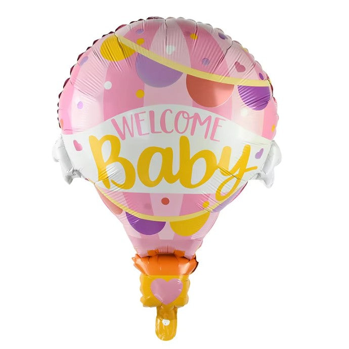 Balon din Folie Metalizata, Mini Figurine, Model Balon cu Aer Cald Fetita, Tematica Welcome Baby, 80x62 cm, Ambalaj Individual, Pai Inclus, Umflare cu Aer sau Heliu, Roz