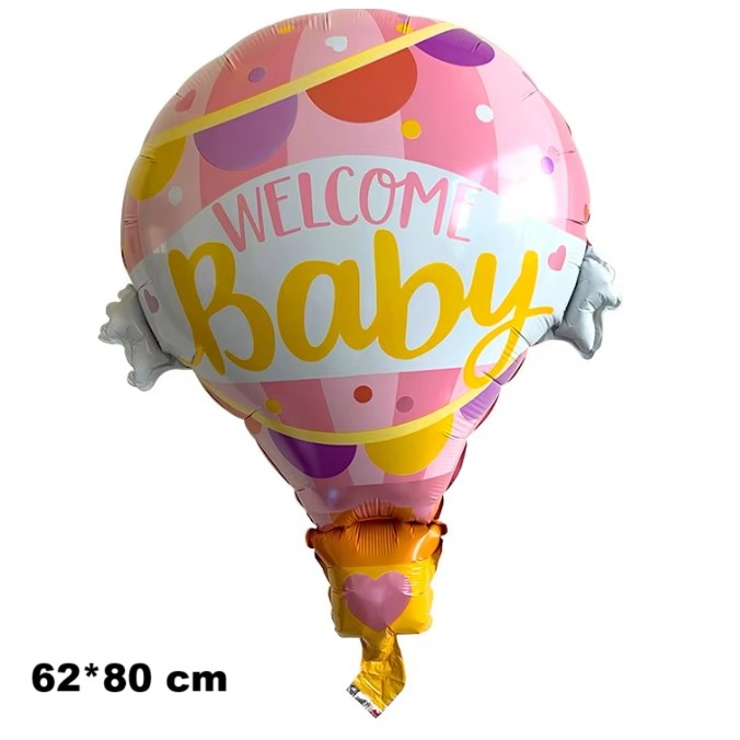 Balon din Folie Metalizata, Mini Figurine, Model Balon cu Aer Cald Fetita, Tematica Welcome Baby, 80x62 cm, Ambalaj Individual, Pai Inclus, Umflare cu Aer sau Heliu, Roz