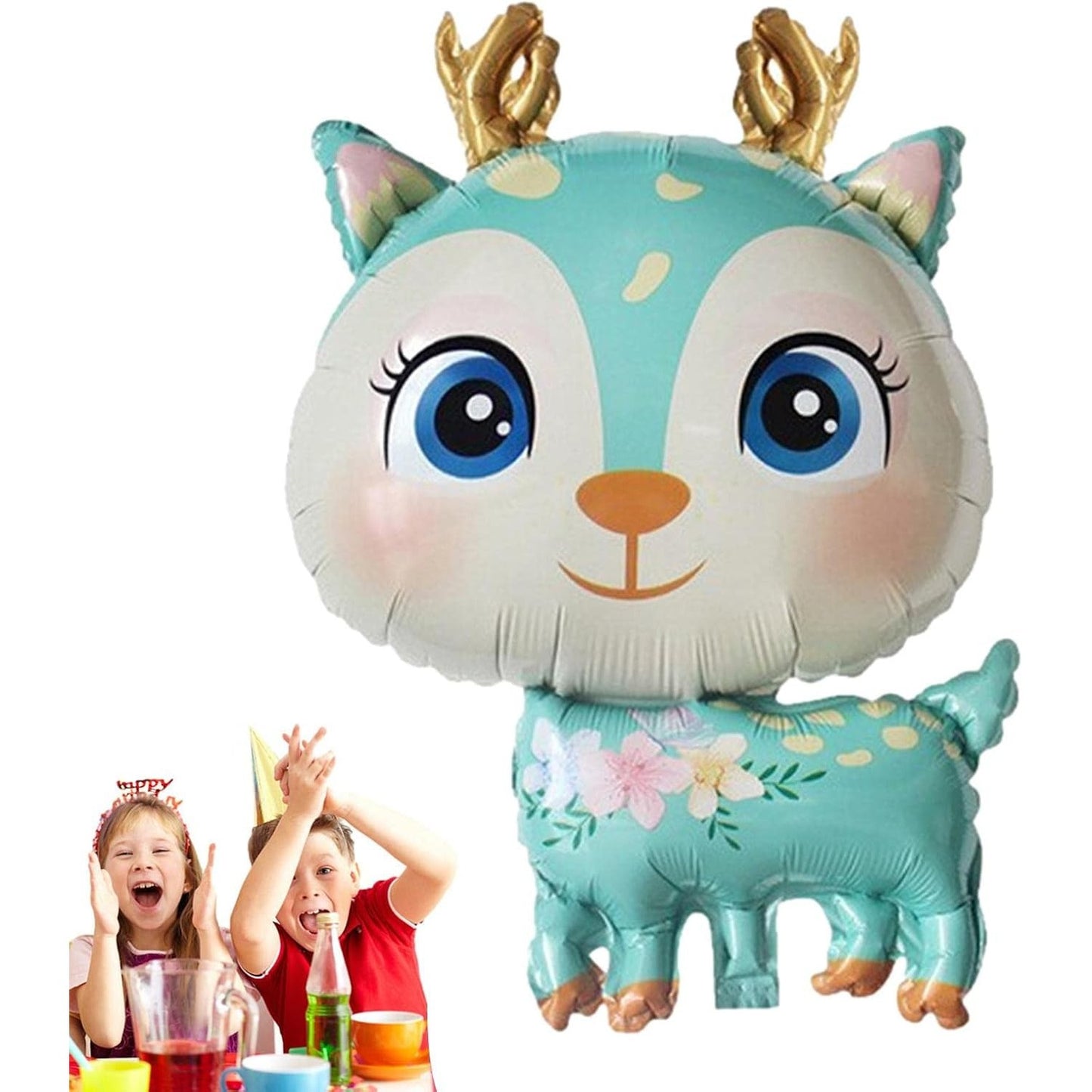 Balon din Folie Metalizata, Mini Figurine, Model Cerb, Tematica Aniversare, 49x74.5 cm, Ambalaj Individual, Pai Inclus, Umflare cu Aer sau Heliu, Albastru