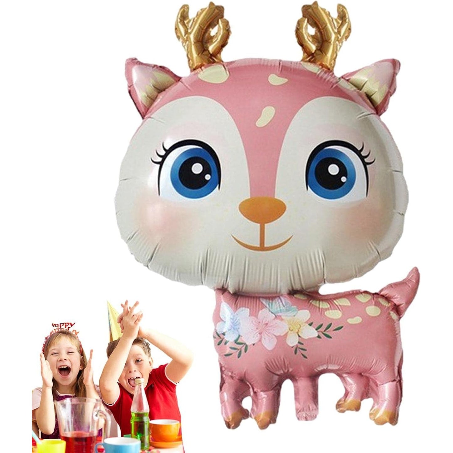 Balon din Folie Metalizata, Mini Figurine, Model Cerb, Tematica Aniversare, 49x74.5 cm, Ambalaj Individual, Pai Inclus, Umflare cu Aer sau Heliu, Roz