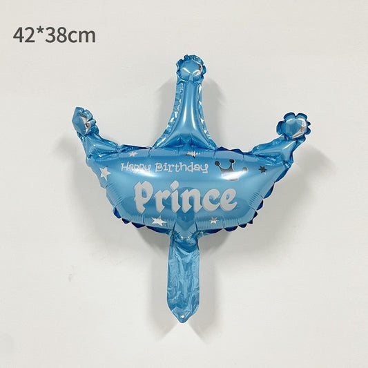 Balon din Folie Metalizata, Mini Figurine, Model Coroana de Print, Tematica Aniversare, 42x38 cm, Ambalaj Individual, Pai Inclus, Umflare cu Aer sau Heliu, Albastru
