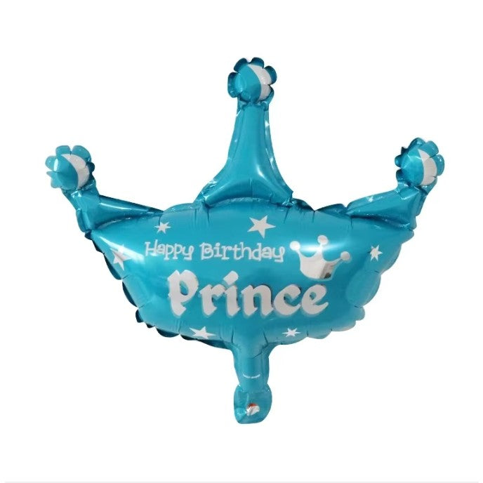 Balon din Folie Metalizata, Mini Figurine, Model Coroana de Print, Tematica Aniversare, 42x38 cm, Ambalaj Individual, Pai Inclus, Umflare cu Aer sau Heliu, Albastru