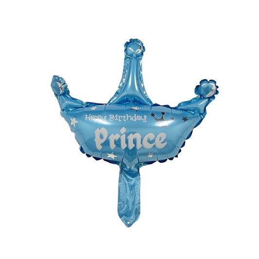 Balon din Folie Metalizata, Mini Figurine, Model Coroana de Print, Tematica Aniversare, 42x38 cm, Ambalaj Individual, Pai Inclus, Umflare cu Aer sau Heliu, Albastru