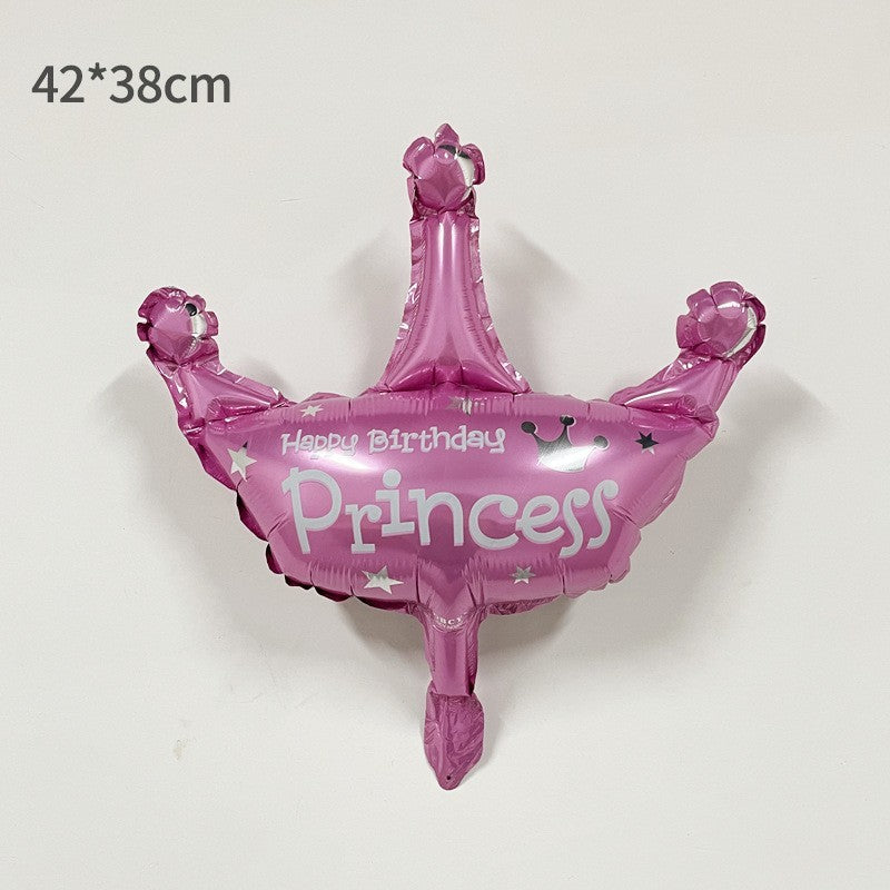 Balon din Folie Metalizata, Mini Figurine, Model Coroana de Printesa, Tematica Aniversare, 42x38 cm, Ambalaj Individual, Pai Inclus, Umflare cu Aer sau Heliu, Roz