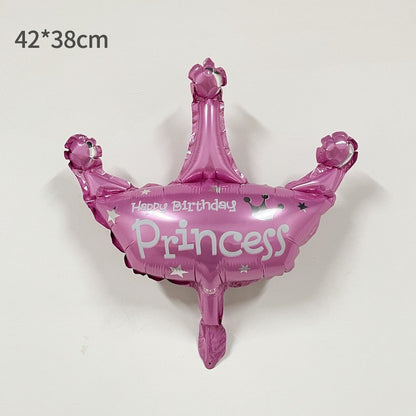 Balon din Folie Metalizata, Mini Figurine, Model Coroana de Printesa, Tematica Aniversare, 42x38 cm, Ambalaj Individual, Pai Inclus, Umflare cu Aer sau Heliu, Roz