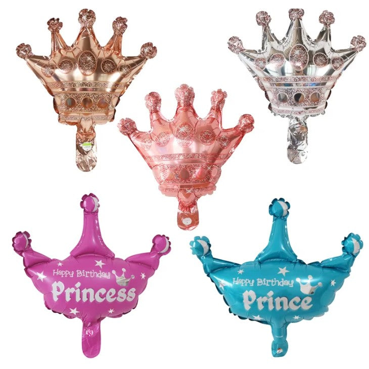 Balon din Folie Metalizata, Mini Figurine, Model Coroana de Printesa, Tematica Aniversare, 42x38 cm, Ambalaj Individual, Pai Inclus, Umflare cu Aer sau Heliu, Roz