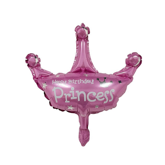 Balon din Folie Metalizata, Mini Figurine, Model Coroana de Printesa, Tematica Aniversare, 42x38 cm, Ambalaj Individual, Pai Inclus, Umflare cu Aer sau Heliu, Roz
