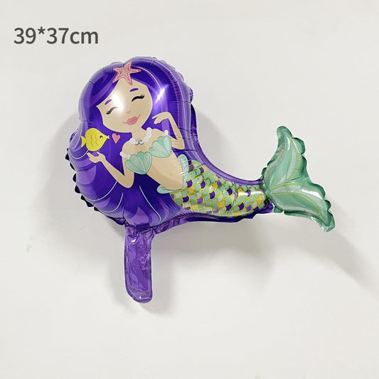 Balon din Folie Metalizata, Mini Figurine, Model Sirena cu Par Mov, Tematica Aniversare, 39x37 cm, Ambalaj Individual, Pai Inclus, Umflare cu Aer sau Heliu, Multicolor