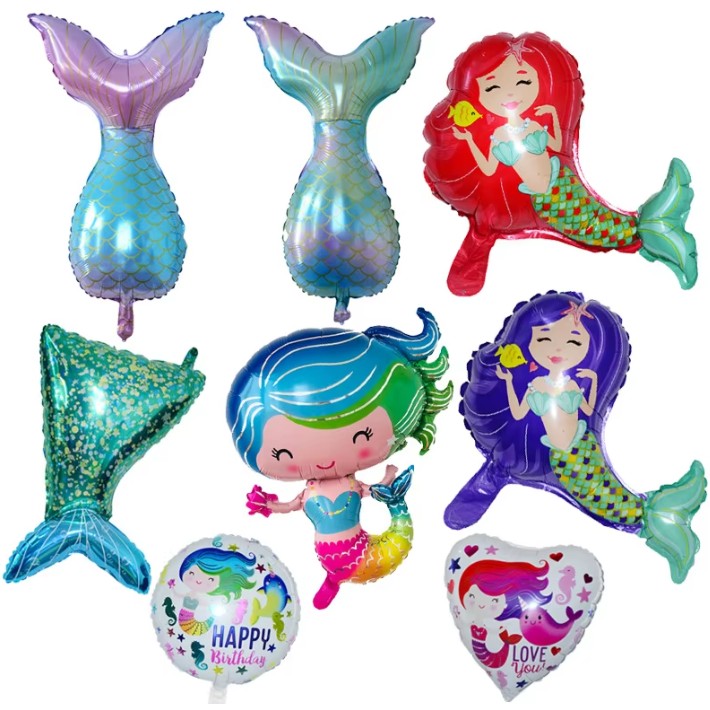 Balon din Folie Metalizata, Mini Figurine, Model Sirena cu Par Mov, Tematica Aniversare, 39x37 cm, Ambalaj Individual, Pai Inclus, Umflare cu Aer sau Heliu, Multicolor