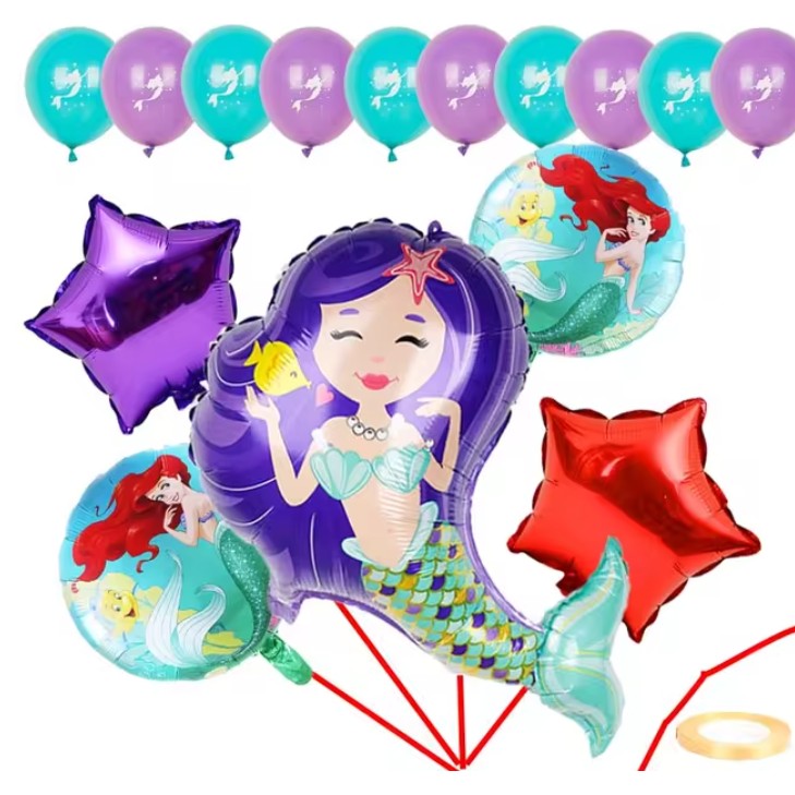 Balon din Folie Metalizata, Mini Figurine, Model Sirena cu Par Mov, Tematica Aniversare, 39x37 cm, Ambalaj Individual, Pai Inclus, Umflare cu Aer sau Heliu, Multicolor
