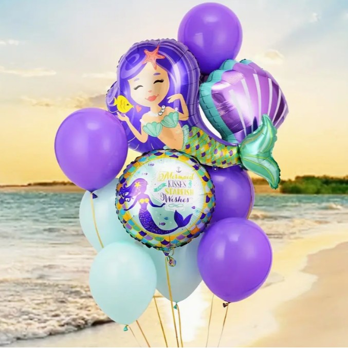 Balon din Folie Metalizata, Mini Figurine, Model Sirena cu Par Mov, Tematica Aniversare, 39x37 cm, Ambalaj Individual, Pai Inclus, Umflare cu Aer sau Heliu, Multicolor