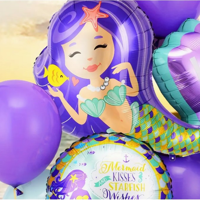 Balon din Folie Metalizata, Mini Figurine, Model Sirena cu Par Mov, Tematica Aniversare, 39x37 cm, Ambalaj Individual, Pai Inclus, Umflare cu Aer sau Heliu, Multicolor
