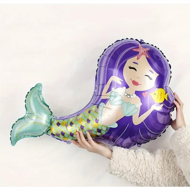 Balon din Folie Metalizata, Mini Figurine, Model Sirena cu Par Mov, Tematica Aniversare, 39x37 cm, Ambalaj Individual, Pai Inclus, Umflare cu Aer sau Heliu, Multicolor