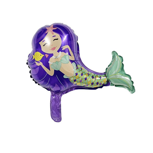 Balon din Folie Metalizata, Mini Figurine, Model Sirena cu Par Mov, Tematica Aniversare, 39x37 cm, Ambalaj Individual, Pai Inclus, Umflare cu Aer sau Heliu, Multicolor