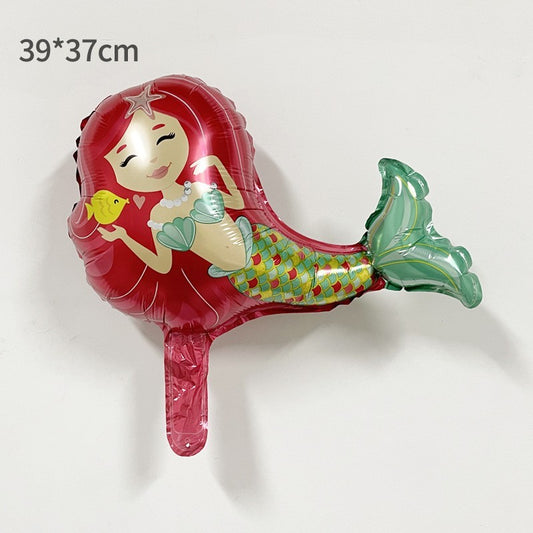 Balon din Folie Metalizata, Mini Figurine, Model Sirena cu Par Rosu, Tematica Aniversare, 39x37 cm, Ambalaj Individual, Pai Inclus, Umflare cu Aer sau Heliu, Multicolor