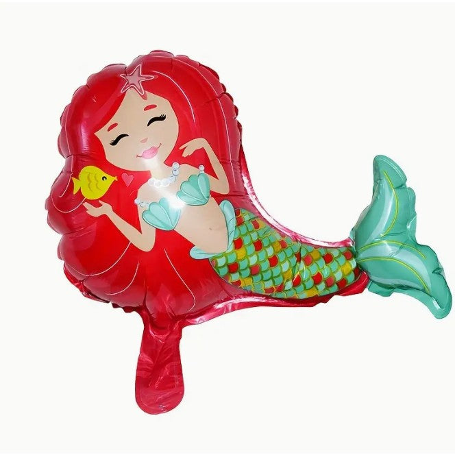 Balon din Folie Metalizata, Mini Figurine, Model Sirena cu Par Rosu, Tematica Aniversare, 39x37 cm, Ambalaj Individual, Pai Inclus, Umflare cu Aer sau Heliu, Multicolor