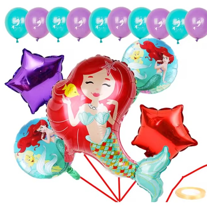 Balon din Folie Metalizata, Mini Figurine, Model Sirena cu Par Rosu, Tematica Aniversare, 39x37 cm, Ambalaj Individual, Pai Inclus, Umflare cu Aer sau Heliu, Multicolor