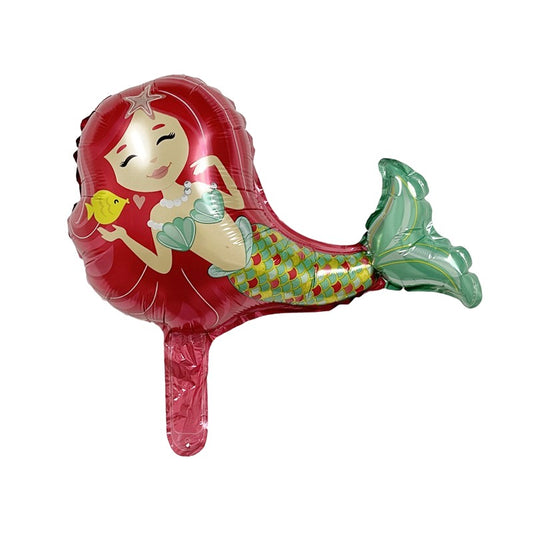 Balon din Folie Metalizata, Mini Figurine, Model Sirena cu Par Rosu, Tematica Aniversare, 39x37 cm, Ambalaj Individual, Pai Inclus, Umflare cu Aer sau Heliu, Multicolor