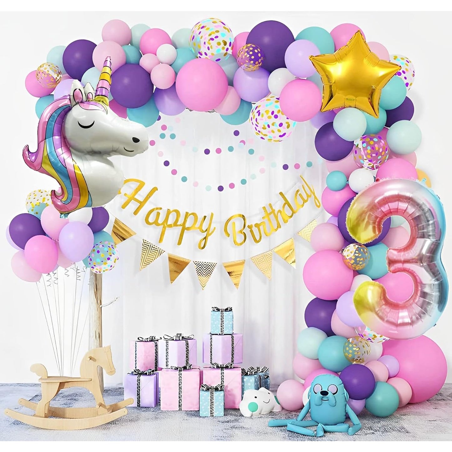 Balon din Folie Metalizata, Mini Figurine, Model Unicorn, Tematica Aniversare, 115x76 cm, Ambalaj Individual, Pai Inclus, Umflare cu Aer sau Heliu, Multicolor