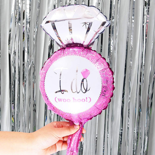 Balon din Folie Metalizata, Mini Figurine Nunta, Model Inel de Logodna, Tematica Cerere in Casatorie, 46x23 cm, Ambalaj Individual, Pai Inclus, Umflare cu Aer sau Heliu, Roz