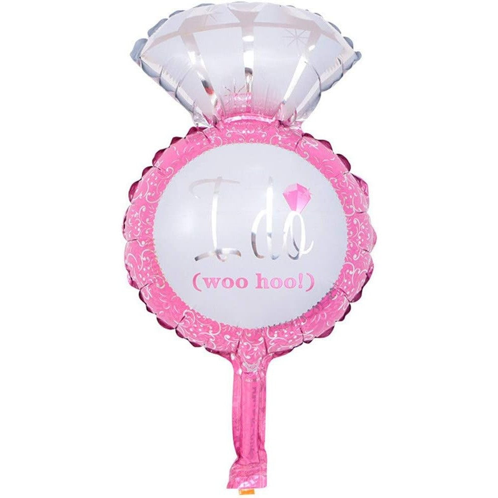 Balon din Folie Metalizata, Mini Figurine Nunta, Model Inel de Logodna, Tematica Cerere in Casatorie, 46x23 cm, Ambalaj Individual, Pai Inclus, Umflare cu Aer sau Heliu, Roz