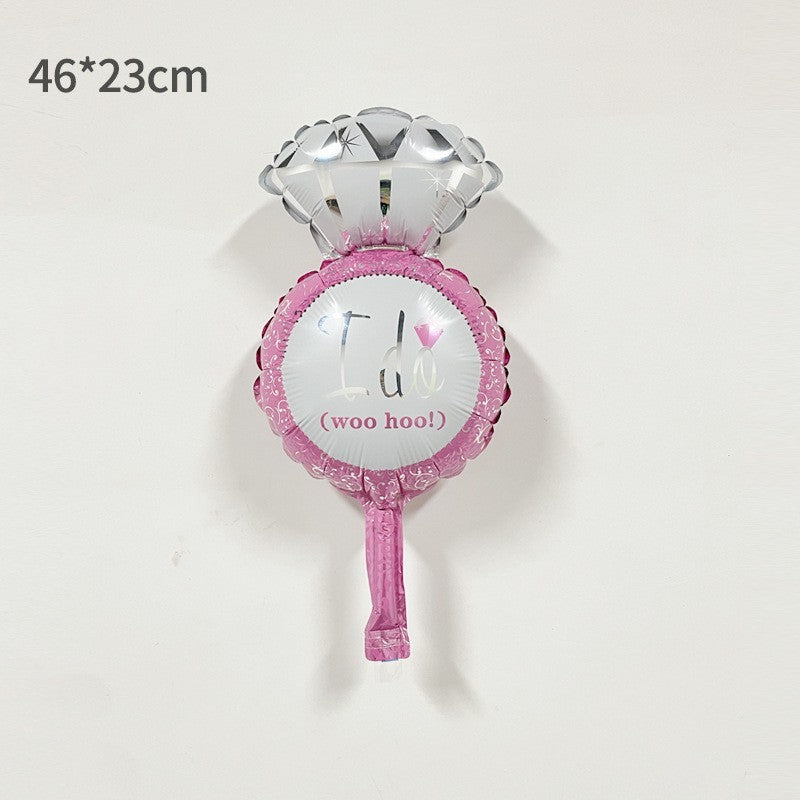 Balon din Folie Metalizata, Mini Figurine Nunta, Model Inel de Logodna, Tematica Cerere in Casatorie, 46x23 cm, Ambalaj Individual, Pai Inclus, Umflare cu Aer sau Heliu, Roz