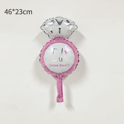 Balon din Folie Metalizata, Mini Figurine Nunta, Model Inel de Logodna, Tematica Cerere in Casatorie, 46x23 cm, Ambalaj Individual, Pai Inclus, Umflare cu Aer sau Heliu, Roz