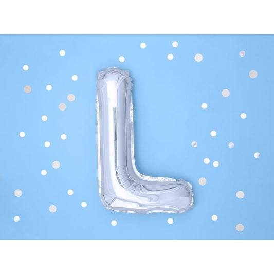 Balon Folie Metalizata Litera L, 40 cm, Umflati cu Heliu sau Aer, Ambalaj Individual, Pai inclus, Argintiu