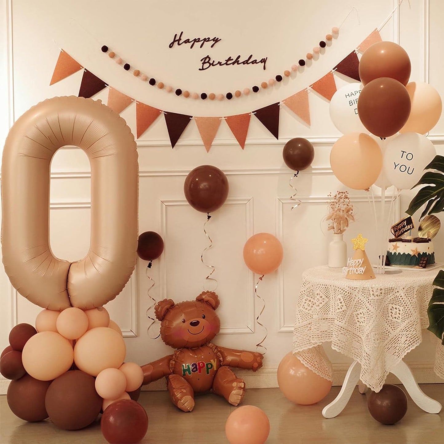 Balon din Folie Metalizata, Model Cifra 0, 100 cm, Ambalaj Individual, Pai Inclus, Crem