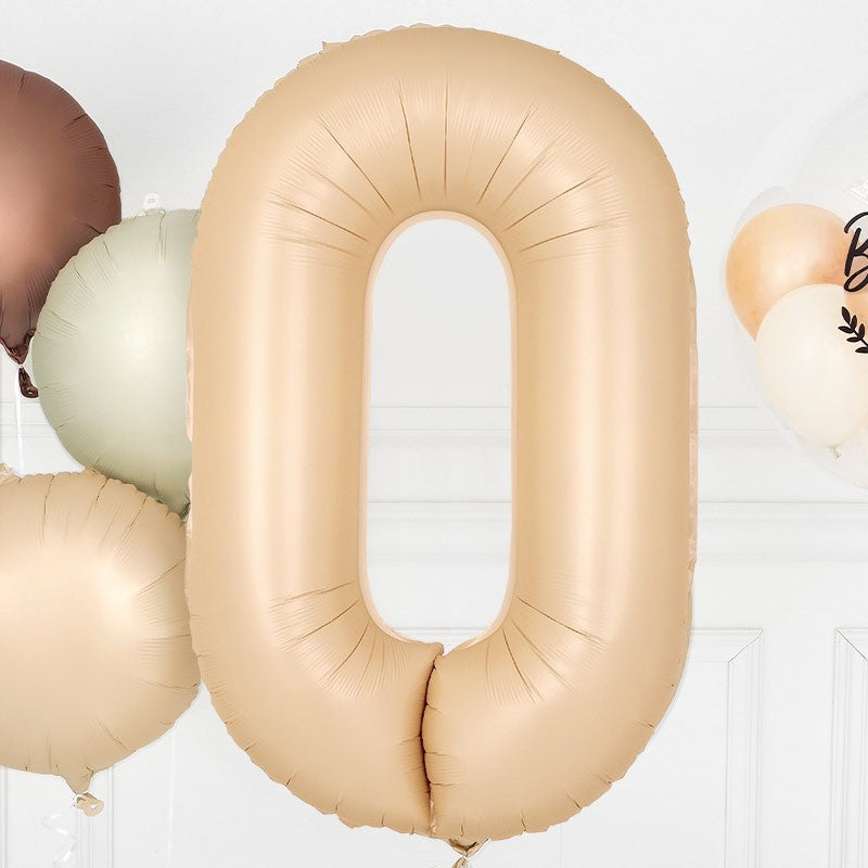 Balon din Folie Metalizata, Model Cifra 0, 100 cm, Ambalaj Individual, Pai Inclus, Crem