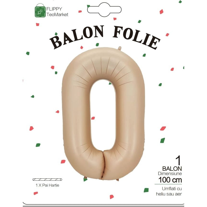 Balon din Folie Metalizata, Model Cifra 0, 100 cm, Ambalaj Individual, Pai Inclus, Crem