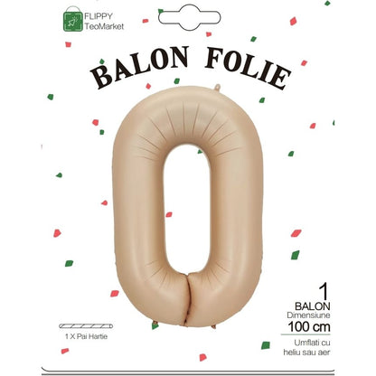 Balon din Folie Metalizata, Model Cifra 0, 100 cm, Ambalaj Individual, Pai Inclus, Crem