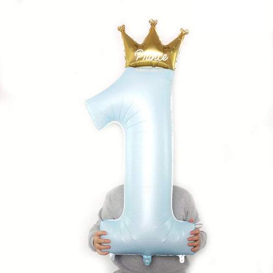Balon din Folie Metalizata, Figurina Cifra 1, Model Coroana Print, 91 cm, Ambalaj Individual, Pai inclus, Umflare cu Aer sau Heliu, Albastru