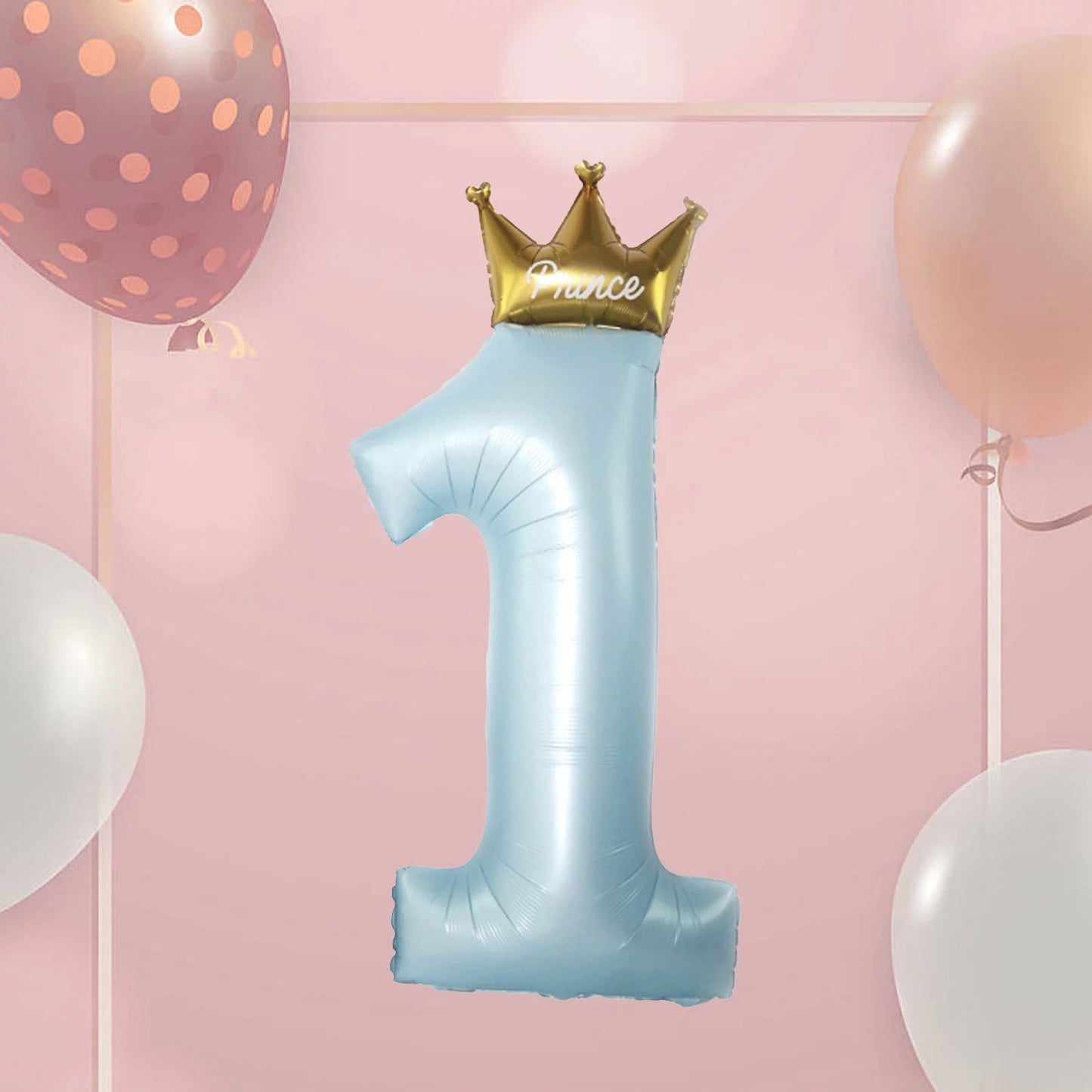 Balon din Folie Metalizata, Figurina Cifra 1, Model Coroana Print, 91 cm, Ambalaj Individual, Pai inclus, Umflare cu Aer sau Heliu, Albastru