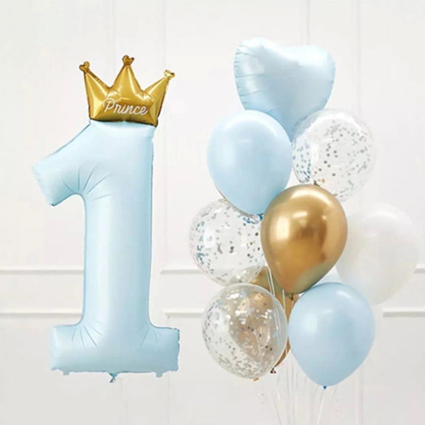 Balon din Folie Metalizata, Figurina Cifra 1, Model Coroana Print, 91 cm, Ambalaj Individual, Pai inclus, Umflare cu Aer sau Heliu, Albastru