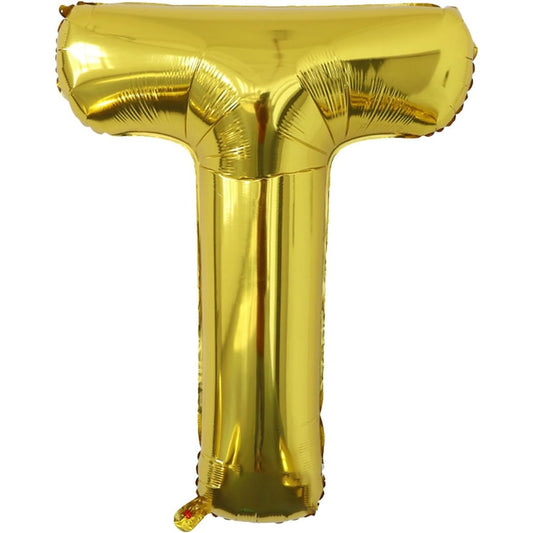 Balon Folie Metalizata Litera T, 40 cm, Umflati cu Heliu sau Aer, Ambalaj Individual, Pai inclus, Auriu
