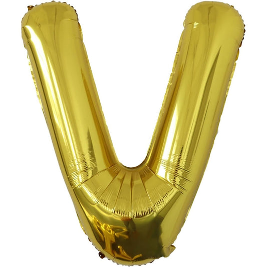 Balon Folie Metalizata Litera V, 40 cm, Umflati cu Heliu sau Aer, Ambalaj Individual, Pai inclus, Auriu